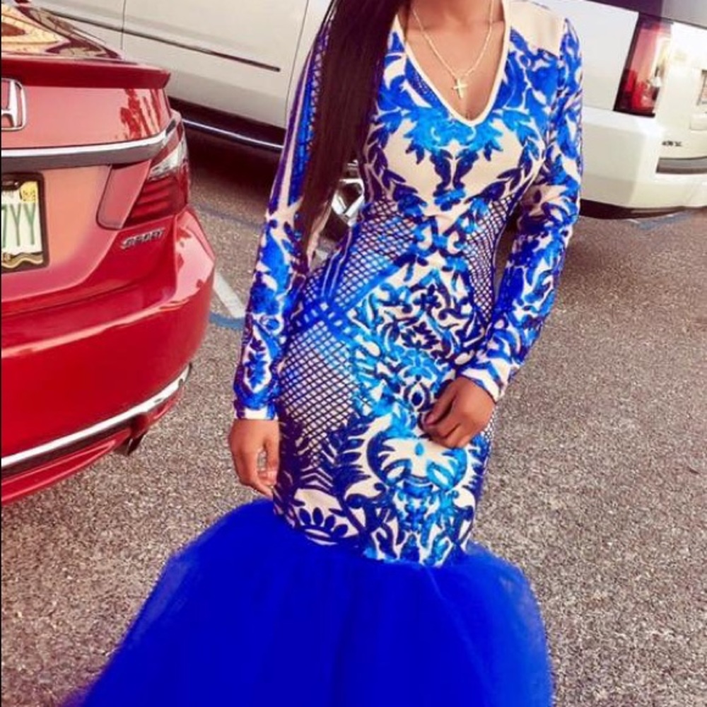 Royal blue sequin dress.